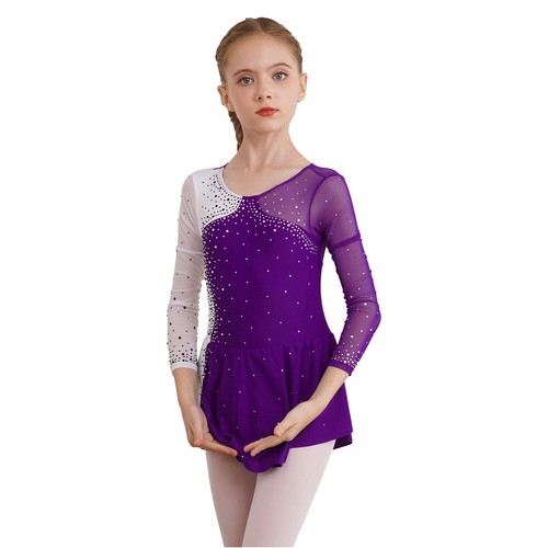 Kids Girls Leotard Rhinestone Dance Dress Ice Roller Gymnastics Skating Outfit - Picture 46 of 98