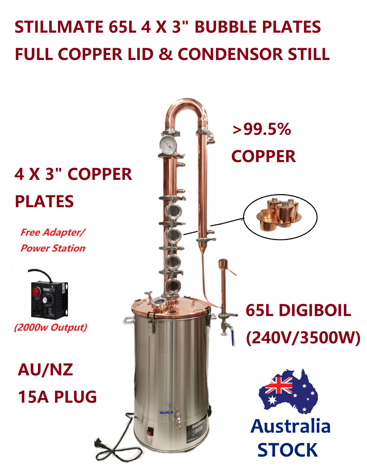 StillMate 65L Full Copper 4 x 3" Plates Modular Still with/without Helmet