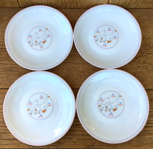 White Milk Glass Geese Pink Blue Hearts Vintage Arcopal France Plates Set of 4