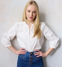 Petite LC Lauren Conrad Women's Button Front Ruffle Blouse 100% Cotton White PXS