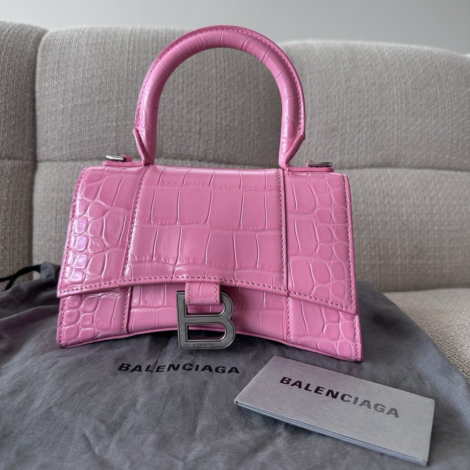 BALENCIAGA Hourglass  XS Bag In Pink Croc Embossed Leather