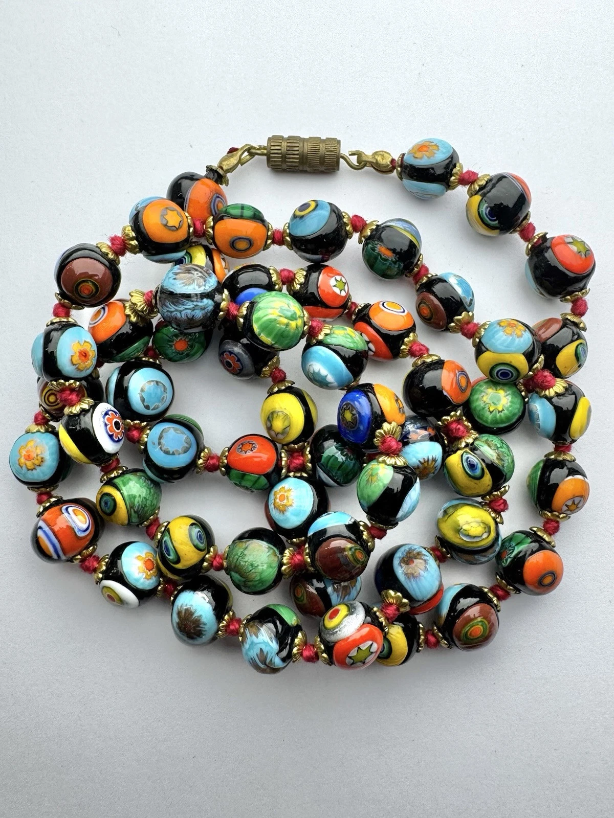 Italian Murano Hand Knot Millefiori Glass Bead Vintage Necklace Jewelry N103 26”