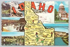 Postcard Idaho State Map and Tourist Sites - Deckled Edge - Cartography