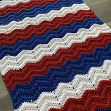 Handmade Red White Blue Crochet Chevron Soft Lap Blanket Throw 50” x 26” USA