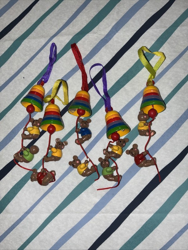Lot of 5 Vintage Wooden Ornaments Rainbow Bell with Bears