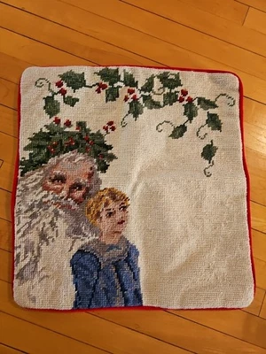 Vintage Needlepoint Throw Pillow Cover Christmas Santa 13x13 Red Velvet Back - Image 1 of 4
