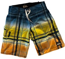 Quiksilver Boys Board Shorts Blue Yellow Plaid Swim Surf Youth 12  14