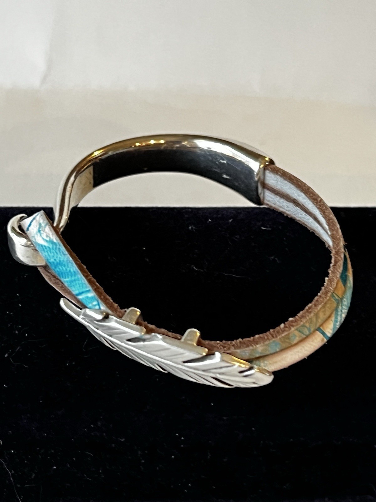 Silvertone Feather Leather Wrap Cuff Bracelet Boh… - image 9