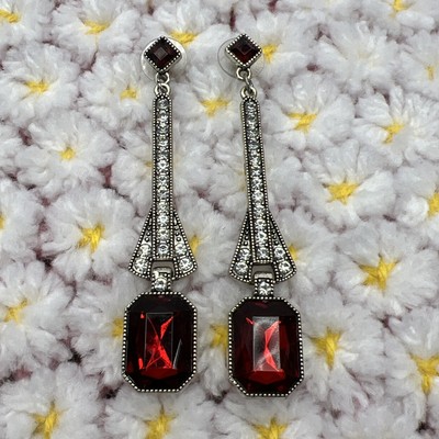 Long Red Flapper Teardrop Earrings Rhinestone Silver Tone Vintage Look Hinged 3 