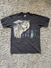 Vintage 90s Wolf Nature Shirt Single Stitch Black Made in USA Gregg Murray