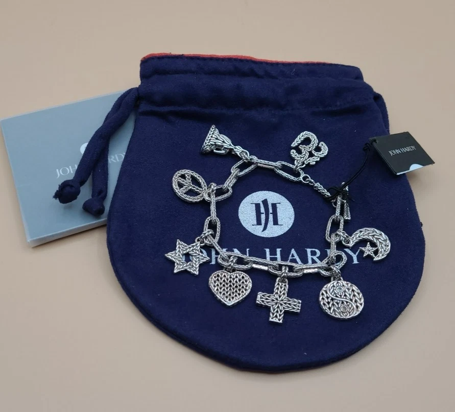 JOHN HARDY Silver Carved Faith Charm Link Bracelet M RARE NWT