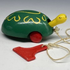 Vintage BRIO Wooden Green and Yellow Turtle Pull Toy   All Original - Sweden