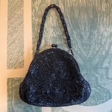 Vtg INGE CHRISTOPHER Small Dark Gray Beaded Kiss Lock Evening Bag Beaded Handle