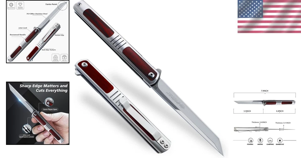 EDC Pocket Knife 3.5 Inch Folding Tanto Knife with Rosewood Handle for Outdoors - Image 2 of 4