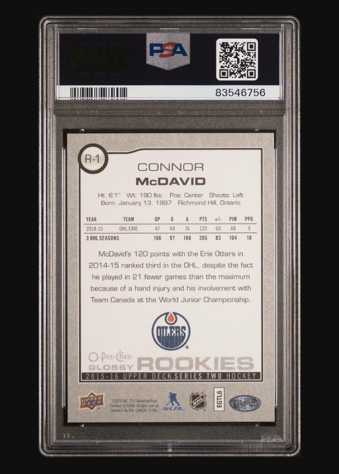 2015 UPPER DECK CONNOR MCDAVID O-PEE-CHEE GLOSSY ROOKIES R-1 RC PSA 10 view 2