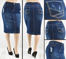 Women 27" Skirt Stretch Denim no slit pencil dark wash embroidery WG-77807