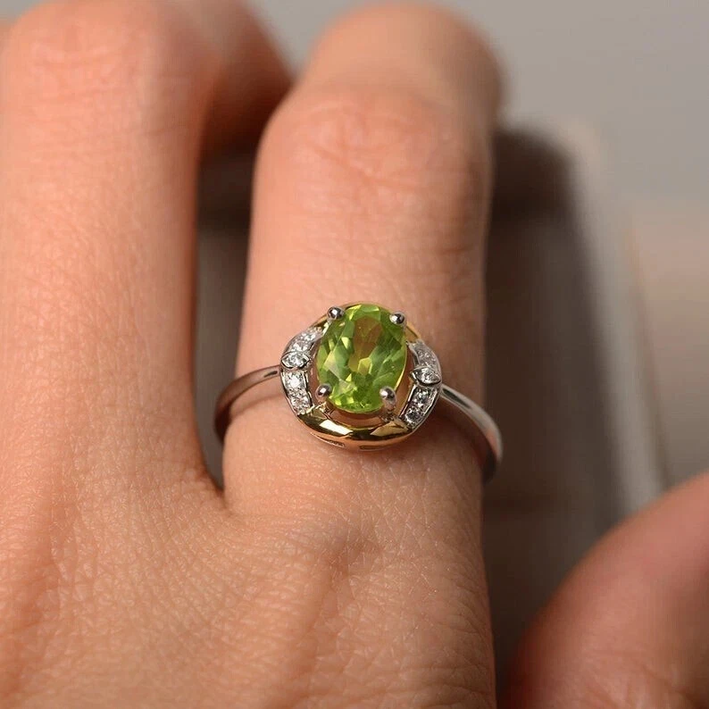 Anel de Dia dos Namorados com peridoto natural e diamante 1,25 quilates ouro branco real 14K sólido - Imagem 3 de 4