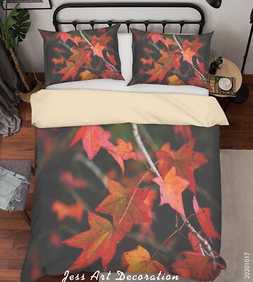 3D Red Leaves Plants Nature Quilt Cover Set Bedding Sets Pillowcases Queen