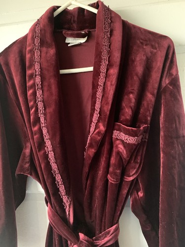 Vintage Jasmine Rose Robe Sz S Embroidered Full Length Velour Burgandy Wine - Picture 2 of 8