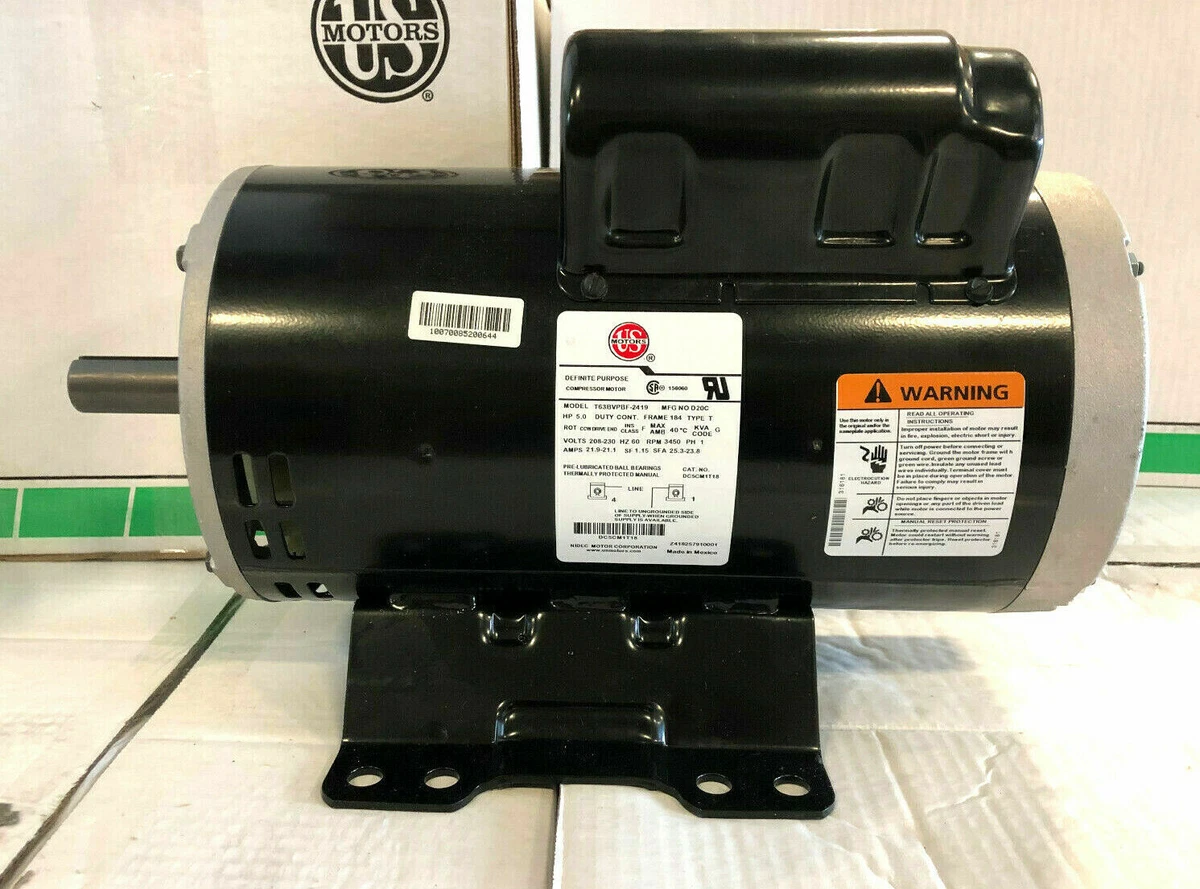 24469652 Air Compressor Motor 230V 3450 Rpm, 1 Phase, 5HP, 184 FR 