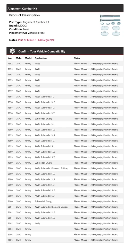 Kit de inclinación delantera para GMC Jimmy 1992-2005 MOOG 1992 1993 1994 1995 1996 Foto 2 de 4