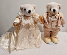 White Wedding Bride Groom Teddy Bear Set Movable w/ Stand - Vintage Wangs