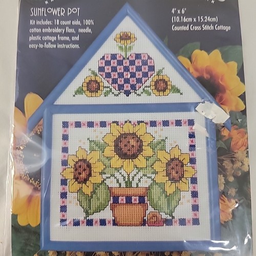 Counted Cottages Sunflower Pot Gallery Of Stitches 33584 4x6” Bucilla 1996 - Picture 2 of 3