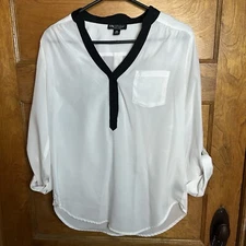 I.N. Studio White Sheer Blouse w/Black Leather Trim, Button Cuffs Size Petite M