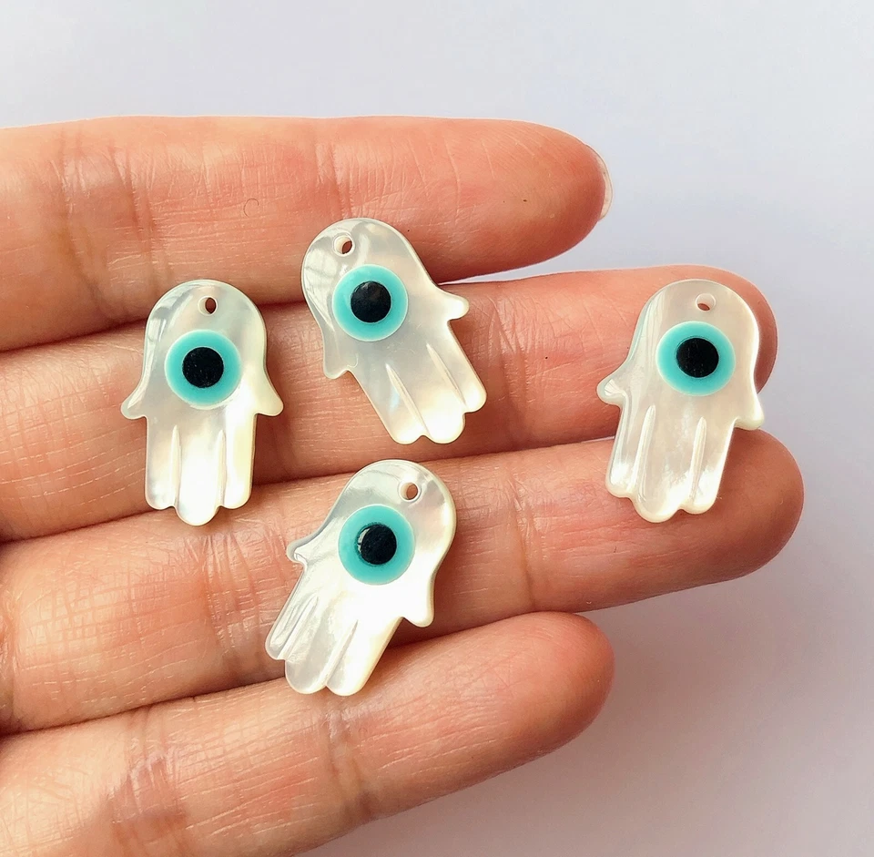 White Mother of Pearl Hamsa Palm Hand w Evil Eye Charm 12x18 mm 10 beads C8673 - Image 2 of 3