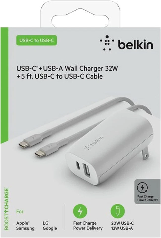 Belkin USB C Wall Charger 32W w/ 20W USB C & 12W USB A 5ft USB-C Cable Included - Image 4 of 4
