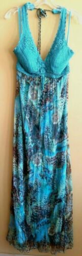 Sue Wong Woman Knit Studio Turquoise Long V Neck Crochet Lined Dress Gown 10
