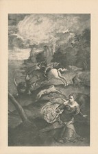 115+yr Original Antique Art Print ST GEORGE AND THE DRAGON By J Tintoretto
