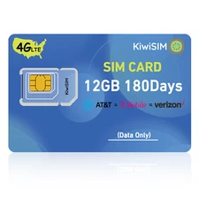 KiwiSIm 4G prepaid SIM card kit for AT&T T-Mobile, 12GB/180 day high data card