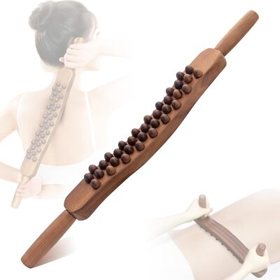 Wooden Massager Tool Lymphatic Drainage Massage Stick w/ 34 Beads for Neck Back