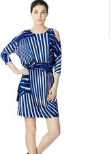 Calvin Klein Womens Dress 4P Blue White Tassels Cold Shoulder Elastic Waist NWT