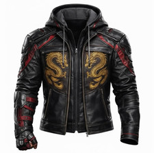 Mens XL Leather Hooded Biker Jacket Black Red...