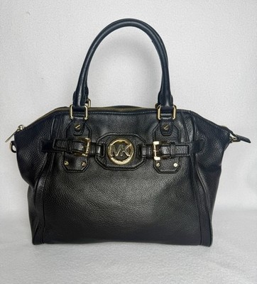 Michael Kors Large Black Hudson Satchel Tote Purse Leather Gold Logo Hardware