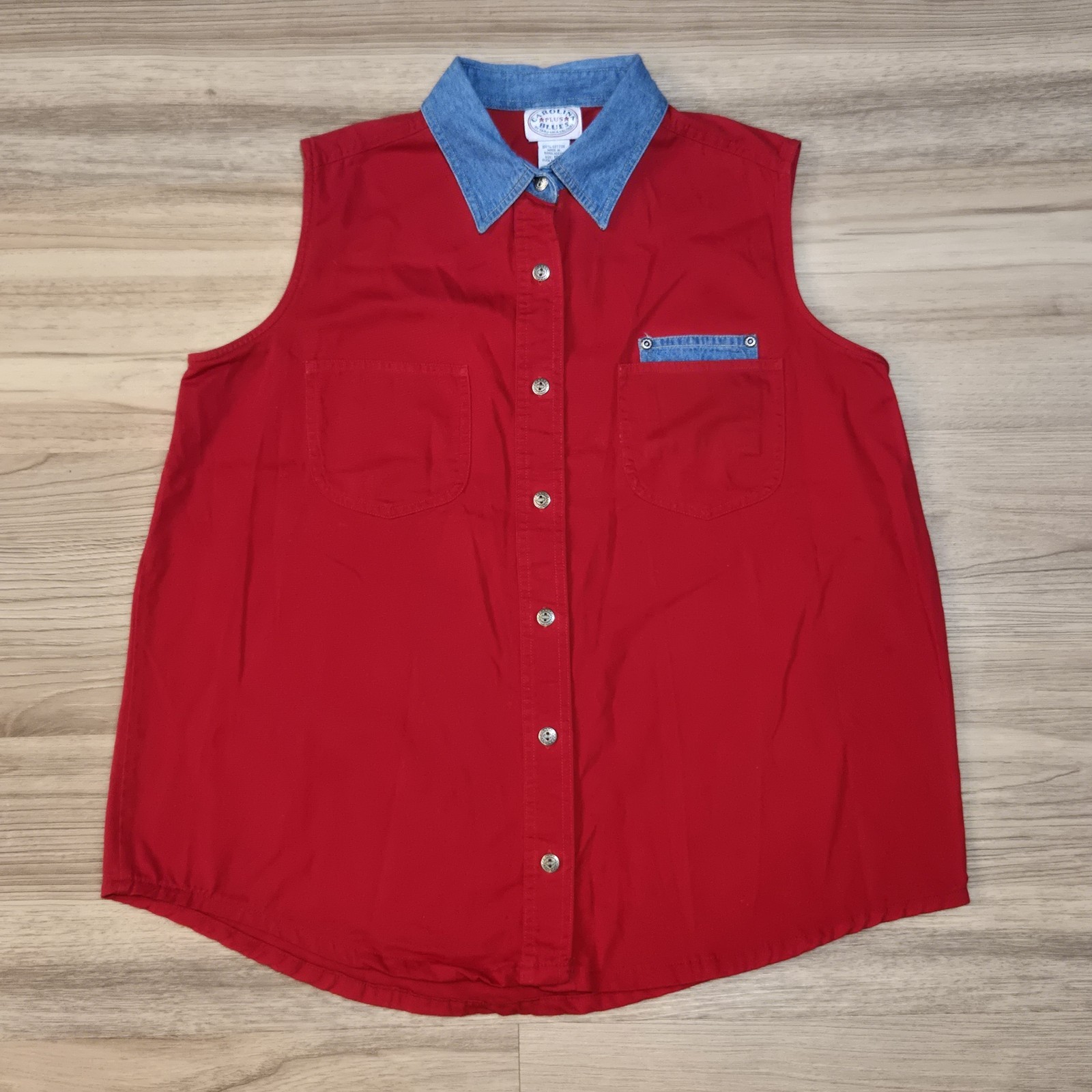 Vintage 90s Country Summer Demin Red Button Up Sleeveless Top Vest Plus 18W