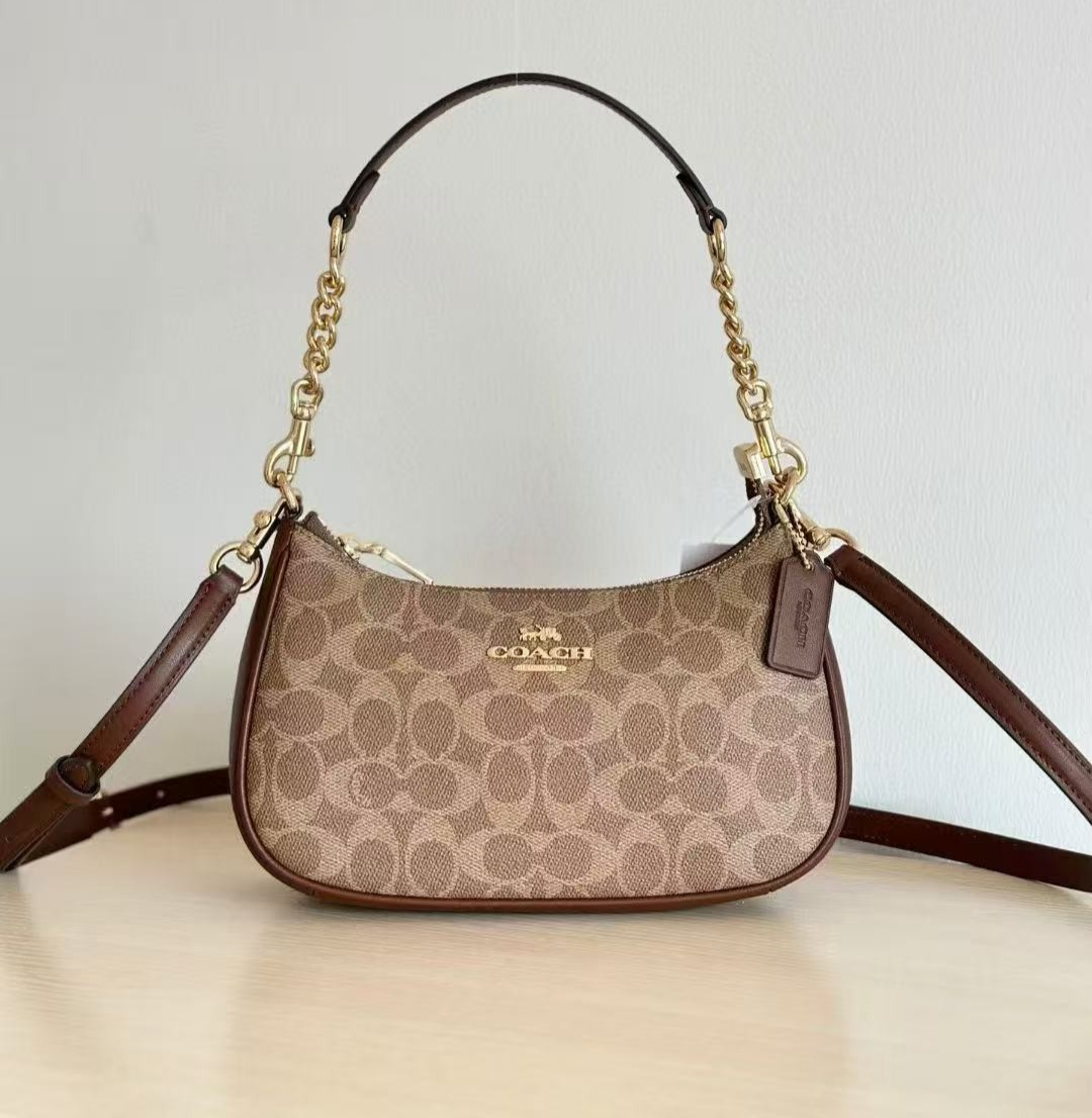COACH Teri Shoulder Bag In Signature Canvas Gold/Tan/Brown New