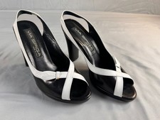Via Spiga Women Slingback Heels Size 6.5 Black White Leather Peep Toe Italy Chic