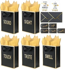 Gold Foil 5 Senses Gift Bags for Him Her with Labels 9x7x3.15inch, Black 
