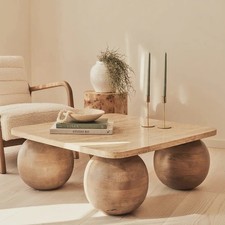 Beige Travertine Square Warm Wood Premium Coffee Table