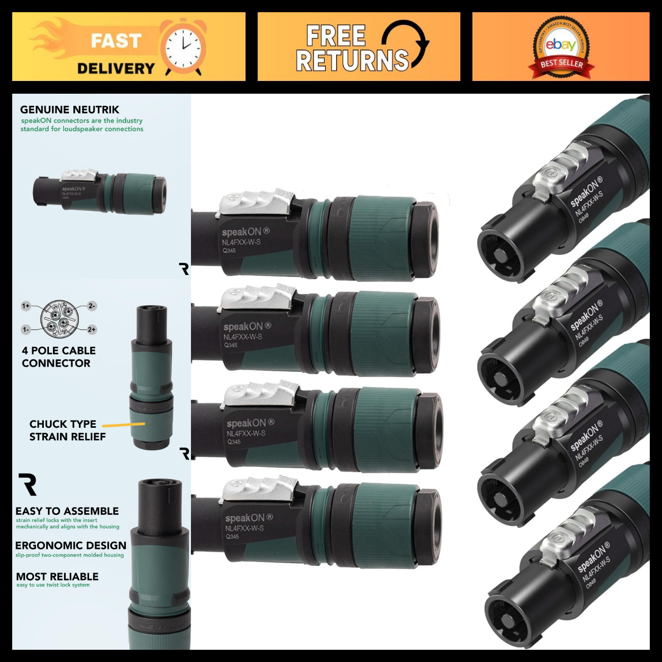4-Pole speakON Cable Connectors 8 Pack, Green Bushing, Screw Terminal Assembly,