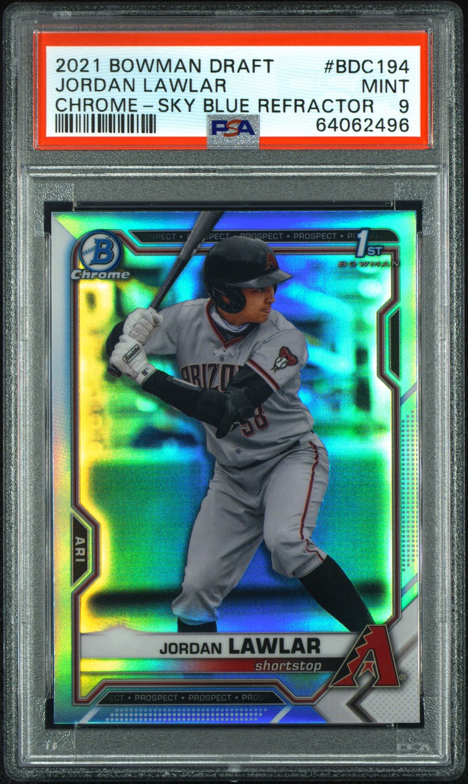 Jordan Lawlar 2021 Bowman Draft Chrome Sky Blue Refractor #BDC-194 PSA 9