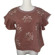 Chloe Oliver x Anthro Sweatshirt Top S Pink Copper Shimmer Embroidery Ruffle