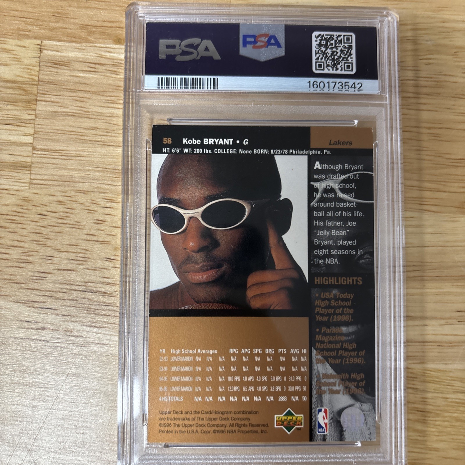 1996 Upper Deck #58 Kobe Bryant Rookie PSA 7 Vintage RC Basketball Card (1415) view 2