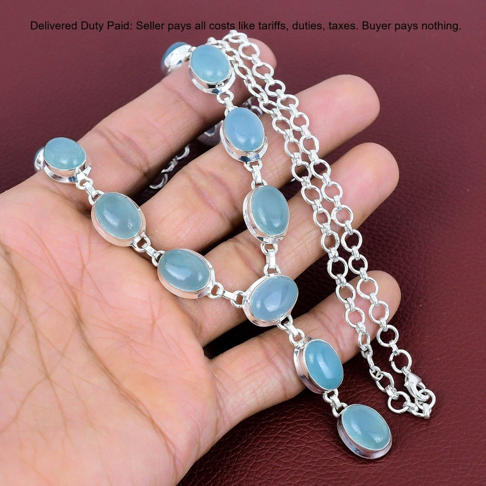 Collar de cadena de piedras preciosas aguamarina de plata de ley 925 para mujer Foto 4 de 4