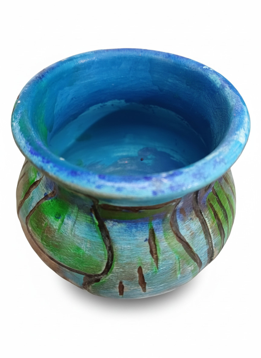 Handmade Artisan Vase OOAK 2010 Hand Painted Abstract Blue Green Pottery thumbnail 2