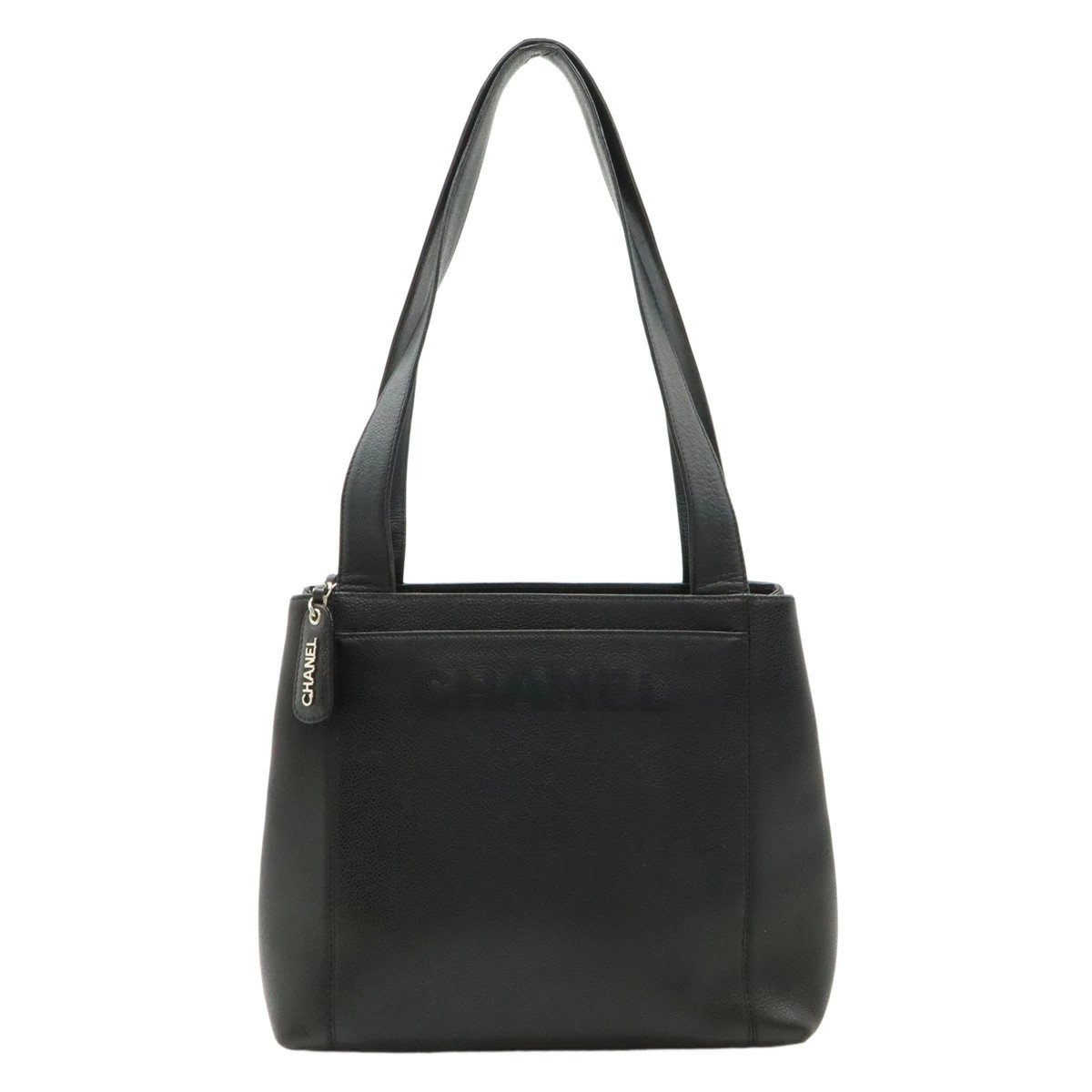 Chanel Logo Tote Bag Shoulder Semi Caviar Skin Leather Black Silver Metal Fittin