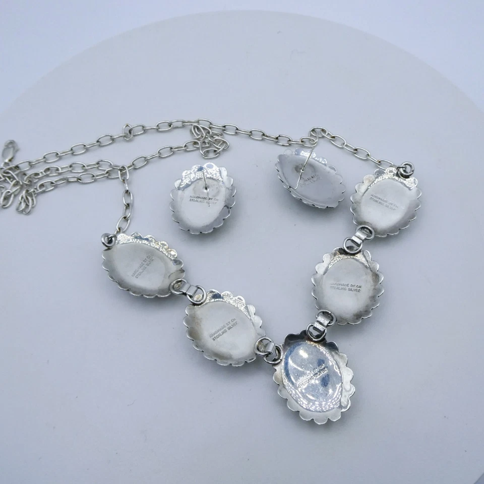 Southwest Hecho a Mano por CH Plata de Ley 925 MOP 23" Panel Collar Pendientes Conjunto Foto 3 de 4